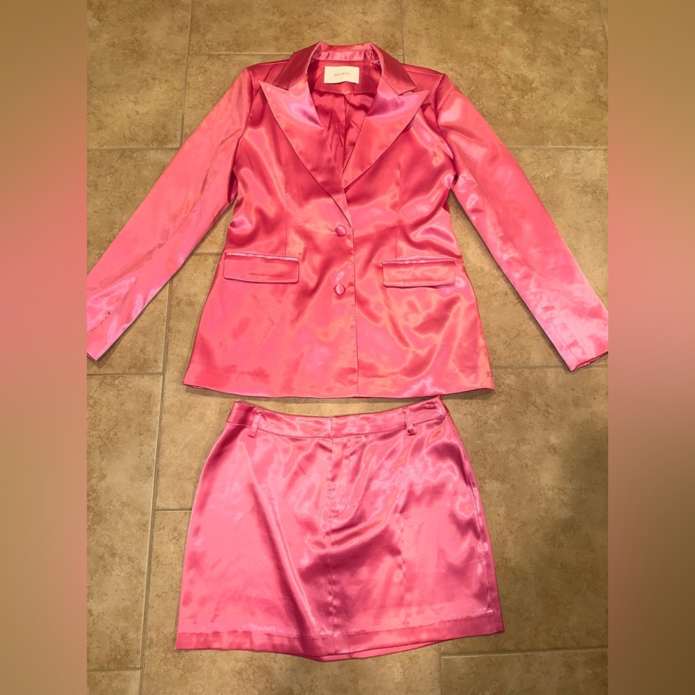 Meshki Pink Satin Blazer & Mini Skirt Set